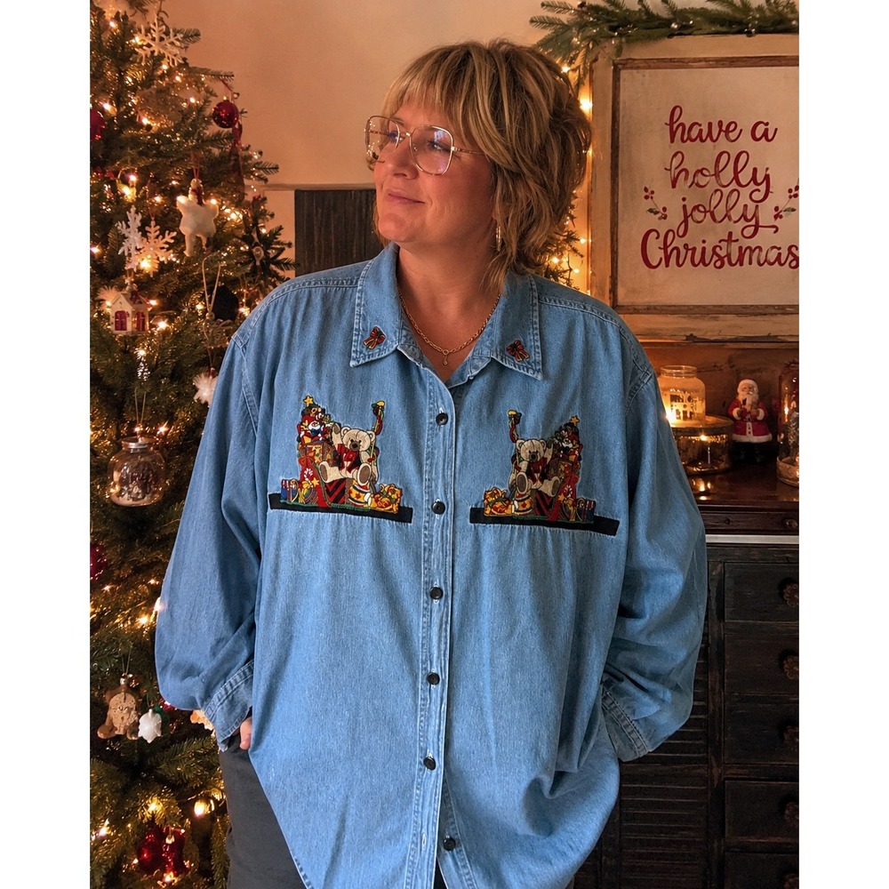 Vtg Faded Glory Christmas Denim Shirt Embroidered Teddy‎ Bear Blue 26W 28W